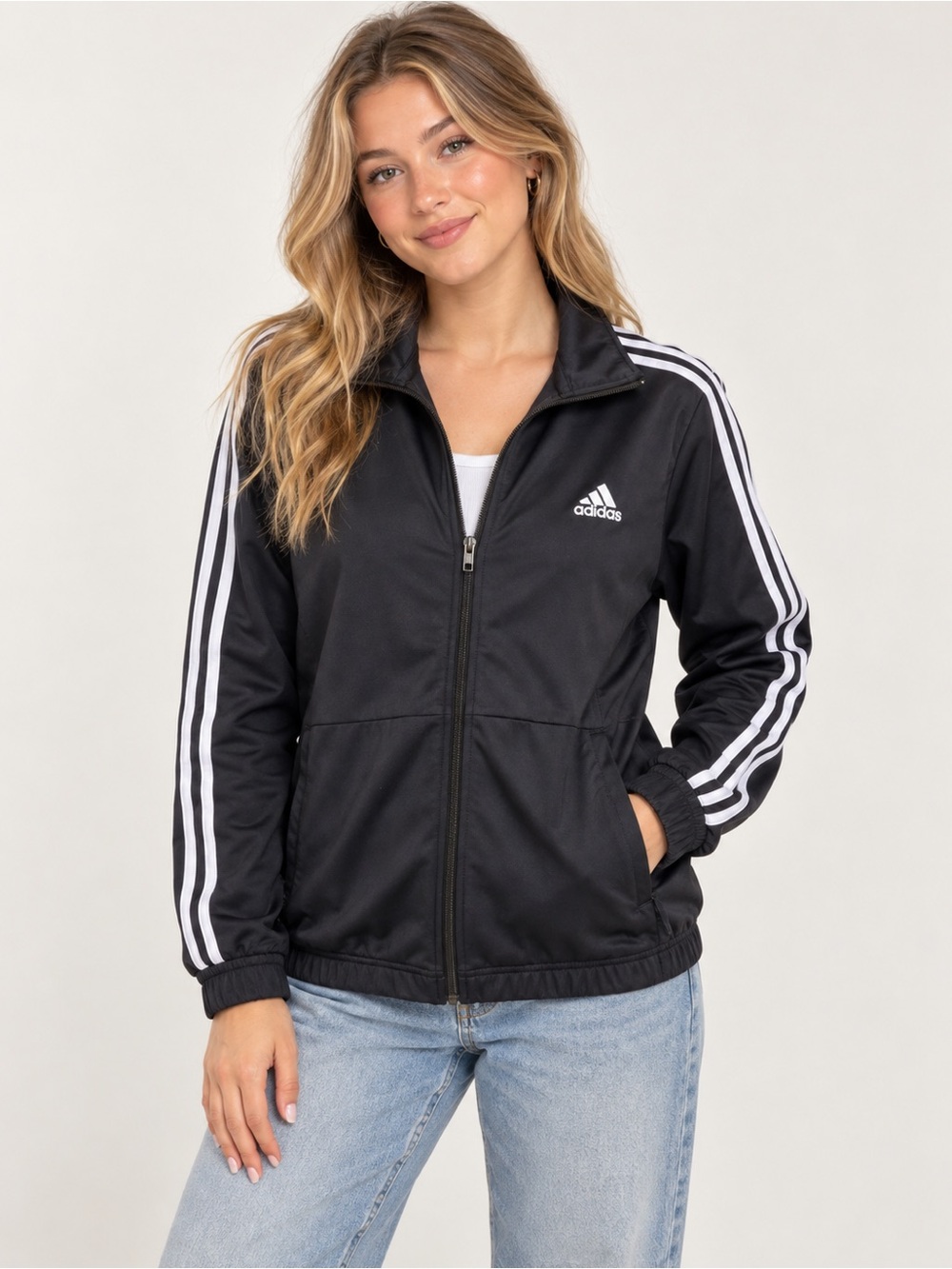 Adidas Black & White 3-Stripes Full Zip Track Jacket Size L